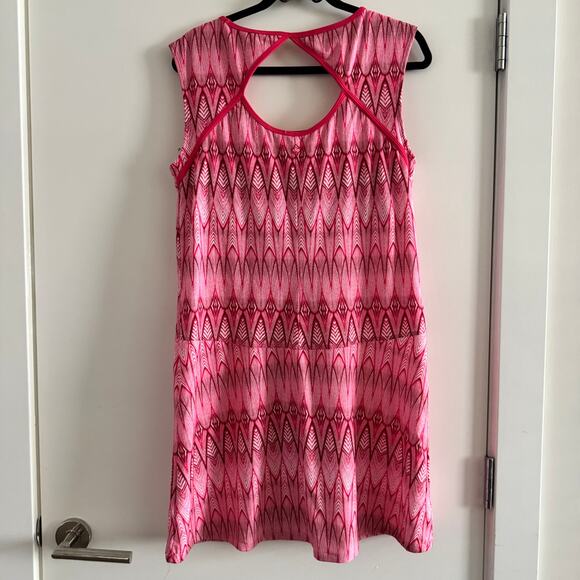 Prana Azalea Feather Print Calico Dress Pink Cutout Pullover Sleeveless Sz XL - Picture 3 of 4
